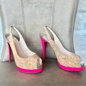 Christian Louboutin Catenita 140 Slingback Heels Hot Pink Silver Cork Euro 38